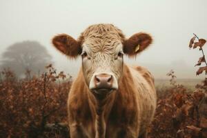 een dichtbij omhoog van een koe staand in een veld- generatief ai foto