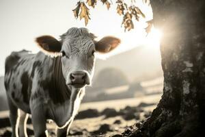 een koe staand De volgende naar een boom in een veld- generatief ai foto