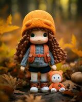 een haken pop vervelend een oranje hoed en Holding een teddy beer generatief ai foto