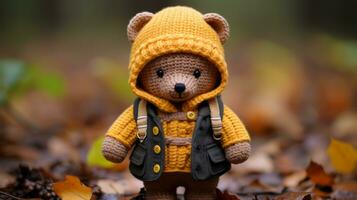 een gehaakt teddy beer vervelend een jasje en hoed generatief ai foto