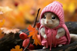 een schattig weinig eekhoorn vervelend een roze jas en hoed generatief ai foto