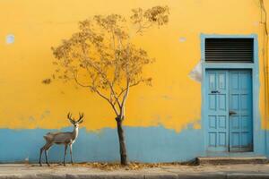 een hert is staand in voorkant van een blauw deur generatief ai foto