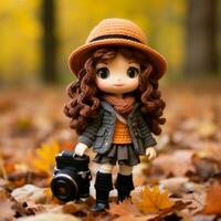 een pop Holding een camera in de herfst bladeren generatief ai foto