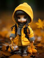 een pop in een geel jas staand in de bladeren generatief ai foto