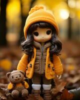 een pop vervelend een geel jasje en bruin laarzen staand De volgende naar een teddy beer generatief ai foto