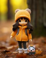 een pop vervelend een oranje jas en hoed staand De volgende naar een klein beer generatief ai foto