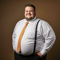 een dik Mens in een wit overhemd en oranje stropdas generatief ai foto