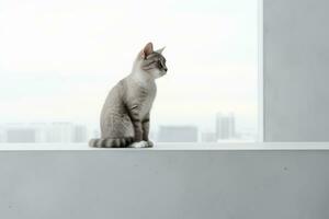 een grijs en wit kat zittend Aan top van een venster richel generatief ai foto