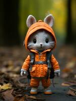 een gebreid konijn vervelend een oranje jas en rugzak generatief ai foto