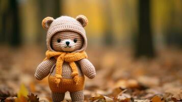 een gebreid teddy beer vervelend een oranje hoed en sjaal generatief ai foto