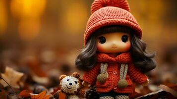 een weinig meisje vervelend een oranje jas en Holding een teddy beer generatief ai foto