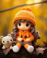 een weinig meisje vervelend een oranje trui en Holding een teddy beer generatief ai foto