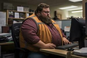 een Mens met een baard zittend Bij een bureau gebruik makend van een computer generatief ai foto