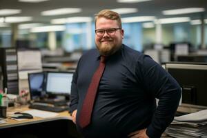 een Mens met een baard staand in voorkant van een bureau generatief ai foto