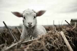 een schapen is staand in een veld- van hooi generatief ai foto