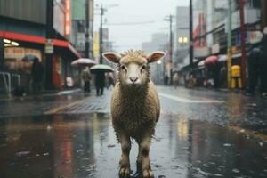 een schapen staand in de midden- van een nat straat generatief ai foto