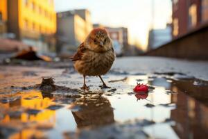 een klein vogel staand Aan een plas van water De volgende naar een rood bloem generatief ai foto