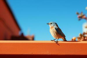 een klein blauw vogel zittend Aan een richel generatief ai foto