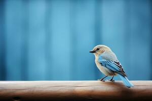 een klein blauw vogel zittend Aan een stuk van hout generatief ai foto