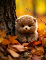 een klein bruin teddy beer zittend Aan de grond omringd door herfst bladeren generatief ai foto