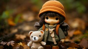 een klein pop vervelend een oranje hoed en Holding een teddy beer generatief ai foto