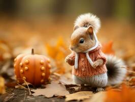 een klein eekhoorn in een trui is staand De volgende naar een pompoen generatief ai foto