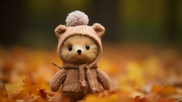 een klein teddy beer vervelend een gebreid hoed in de herfst bladeren generatief ai foto