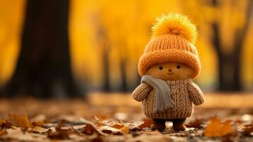 een klein speelgoed- in een gebreid hoed en sjaal staand in de midden- van een herfst Woud generatief ai foto