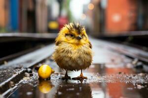 een klein geel vogel is staand Aan een trein bijhouden generatief ai foto