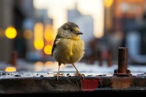 een klein geel vogel staand Aan top van een stuk van metaal generatief ai foto