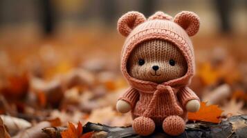 een teddy beer in een roze gebreid trui zittend Aan een log generatief ai foto
