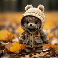 een teddy beer vervelend een jasje en hoed in de vallen bladeren generatief ai foto