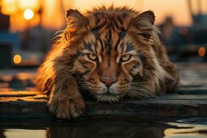 een tijger houdende in de water Bij zonsondergang generatief ai foto