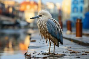 een nat vogel staand Aan een dok De volgende naar een lichaam van water generatief ai foto