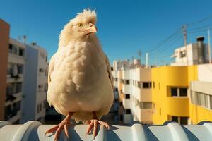 een wit vogel staand Aan top van een gebouw generatief ai foto