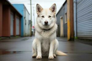 een wit hond zittend Aan de grond in voorkant van een gebouw generatief ai foto