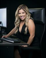 een vrouw in een zwart jurk zittend Bij een bureau met een computer generatief ai foto