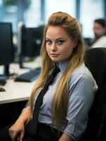 een vrouw in een bedrijf overhemd en stropdas zittend Bij een bureau generatief ai foto