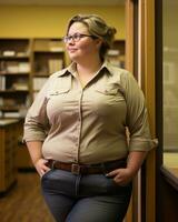 een vrouw in een laboratorium jas staand in voorkant van boekenkasten generatief ai foto