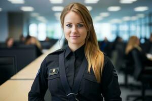 een vrouw in een Politie uniform staand in een kantoor generatief ai foto