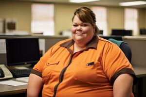 een vrouw in een oranje overhemd zittend Bij een bureau generatief ai foto