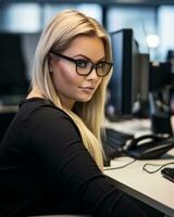 een vrouw in bril zittend Bij een bureau in voorkant van een computer generatief ai foto