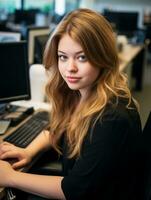 een vrouw zittend Bij een bureau in voorkant van een computer generatief ai foto