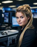 een vrouw zittend Bij een bureau in voorkant van computer monitoren generatief ai foto