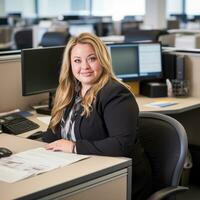 een vrouw zittend Bij een bureau generatief ai foto