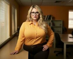 een vrouw vervelend bril en een oranje overhemd poseren in een kantoor generatief ai foto