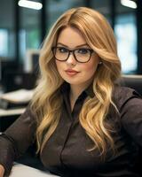 een vrouw met bril zittend Bij een bureau in een kantoor generatief ai foto