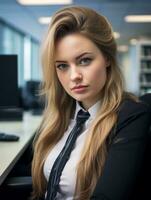 een vrouw met lang blond haar- zittend Bij een bureau generatief ai foto