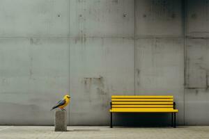 een geel vogel zittend Aan een bank De volgende naar een beton muur generatief ai foto