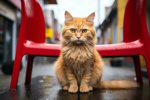 een oranje kat zittend Aan een rood stoel generatief ai foto